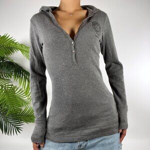 Vintage Y2K Gray Indie Grunge Long Sleeve Hipster Skater Hoodie Fitted Top / S